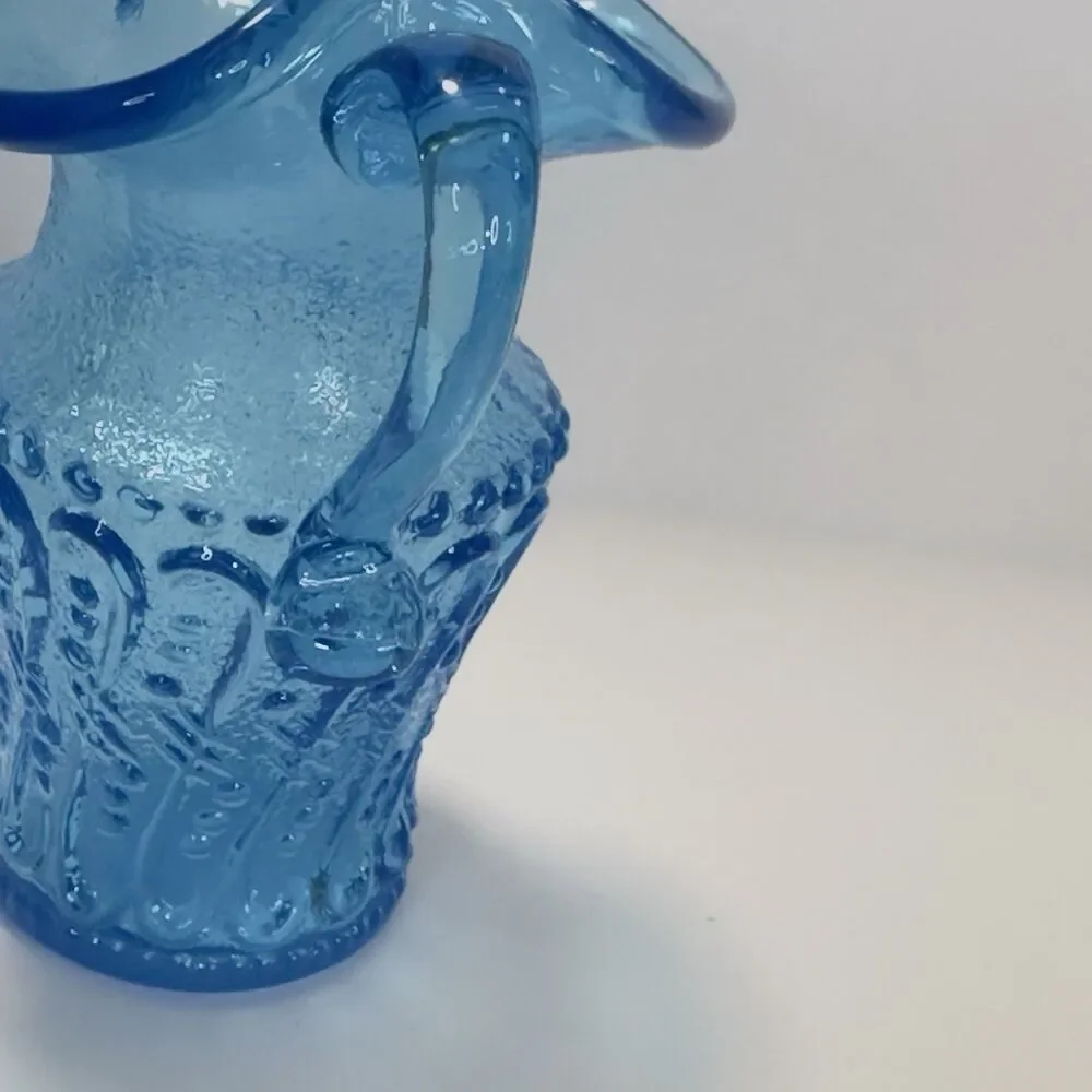 Pitcher Jug Kanawha Ice Colonial Blue Glass Mini UV Raised Loop Swirl Dots Wavy